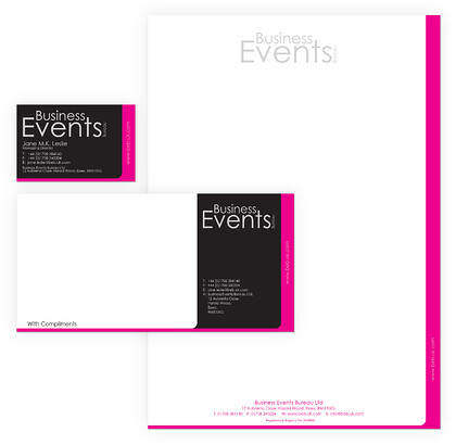 Business Events Bureau Business Stationery Design 
 Design and artwork setup of business stationery for Business Events Bureau including; business card, compliments slip and letterhead 
 Keywords: Print, Professional, Letter Headed Paper, Printed, Pink, Designer, Black, Magenta, Comp Slip, A4, Corporate ID, Branding