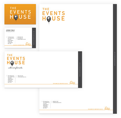 Events House Business Stationery Design 
 Design and artwork setup of business stationery for the Events House including; business card, compliments slip and letterheaded 
 Keywords: Letter Headed Paper, Corporate ID, Printed, A4, Print, Comp, Professional, Orange, Designer, Letterhead
